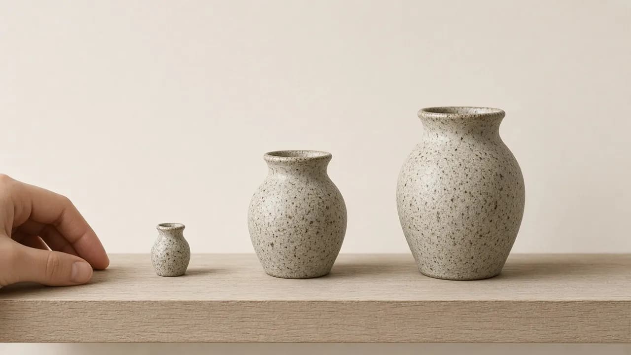 Three ceramic urns in graduated sizes, from a tiny thimble-sized keepsake to a medium urn, on a pale wooden shelf
